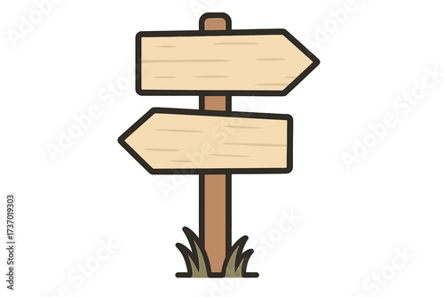 Wooden signpost with two arrows pointing to past and future. Metaphor for choice, decision, and life path. Crossroads concept. Directional sign vector illustration.