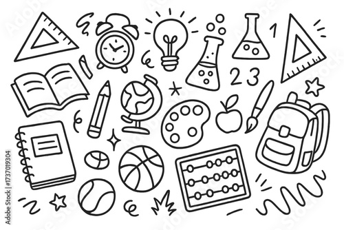Back to school doodle set. Hand drawn sketch of education elements. Vector icons for learning, knowledge, and creativity. Classroom essentials and school supplies cartoon pack.