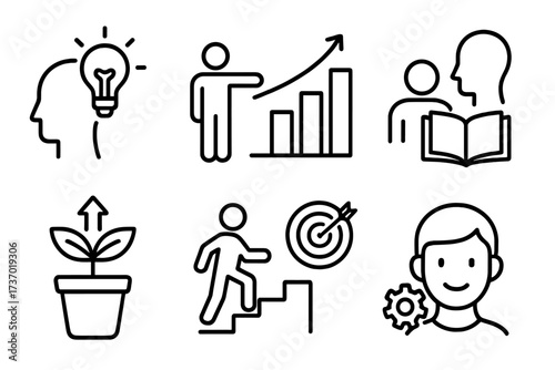 Personal growth and business development line icon set. Vector symbols for career path, achieving goals, learning, new ideas, improvement, skill development and success.
