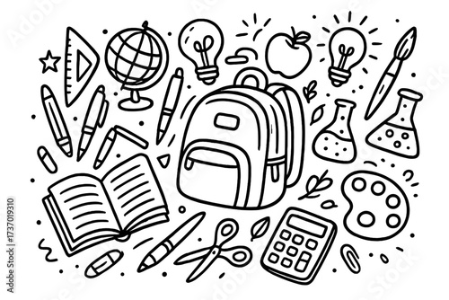Back to school doodle art. Education and learning concept. Cartoon classroom essentials like backpack, book, globe, science flask. Hand drawn vector illustration outline set.