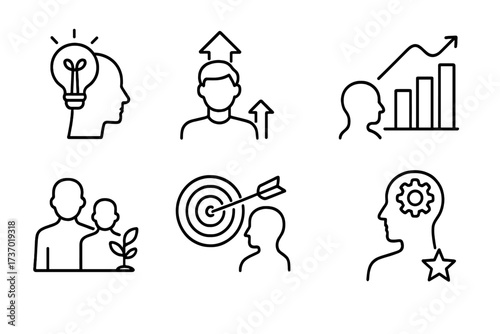 Personal growth and career development thin line icon set. Business success concepts. Metaphors for new idea, skill improvement, goal achievement, mentorship, and performance.