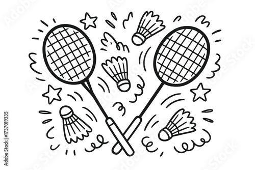 Badminton doodle set with rackets and shuttlecocks. Hand drawn sport equipment sketch. Vector black and white outline illustration for game, competition, or leisure activity.