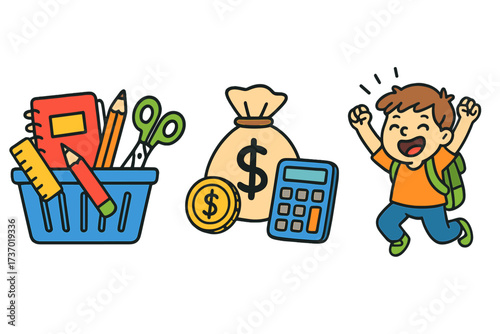 Back to school shopping budget concept. Vector illustration set. School supplies in basket, student expenses, money, calculator. Happy excited kid ready for education. Savings.