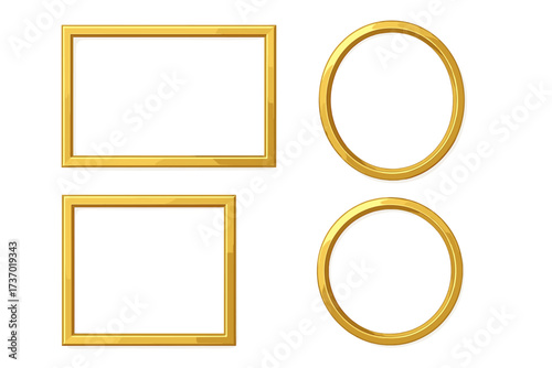Realistic gold frame set. 3D golden picture frames collection. Square, rectangle, circle shapes. Luxury decorative border for photo, diploma, mirror or art gallery.