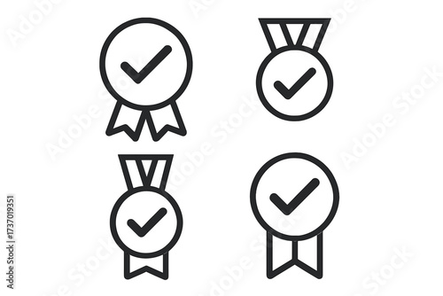 Approved icon set. Quality check mark badge. Certified seal symbol. Guarantee medal emblem. Verification sign. Vector satisfaction label. Best choice award logo. Certified stamp.
