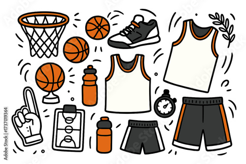 Basketball essentials doodle icon set. Hand-drawn vector cartoon collection of sports equipment for enthusiasts. Elements like ball, basket, jersey, shoes, and tactic board.