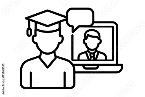 Online education icon with student wearing graduation cap in a video call webinar with a teacher. E-learning, distance learning, and virtual mentoring concept. Vector outline.