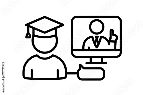 E-learning vector icon for online education. Student with graduation cap in a webinar or video call with a teacher. Virtual class, distance learning, online course concept.