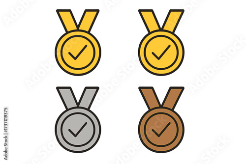 Gold, silver, bronze medal with check mark icon set. Vector awards for ranking. Winner, champion, first place prize. Quality guarantee, approved certification badge symbol.