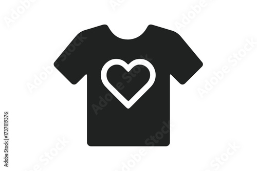 T-shirt icon with a heart symbol. Vector flat glyph for volunteering, charity, and donation. Symbol of support, community, and non-profit organizations. Love and kindness.