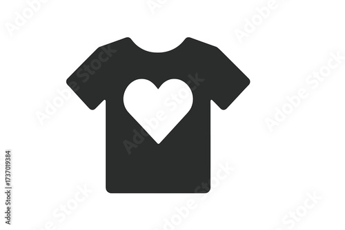 T-shirt with heart icon. Vector glyph for volunteering, charity, and donations. Symbol for support, community, non-profit organization, social aid, and clothing donation.