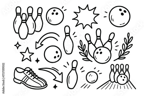 Bowling doodle set. Hand drawn vector cartoon illustration elements. Sport game collection with pin, ball, shoe, and strike. Sketch line art for fun hobby design icons.