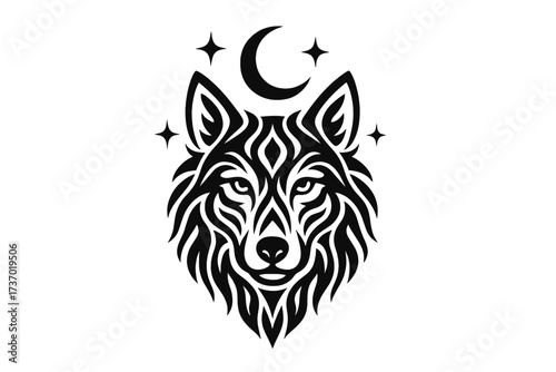 Esoteric wolf head logo with moon and stars. Mystical tribal animal tattoo design. Spiritual wildlife vector illustration. Magic celestial canine mascot icon for branding.