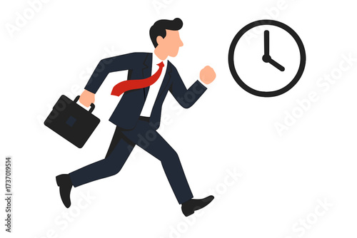 Businessman running with briefcase chasing clock. Metaphor for deadline pressure, time management, and project urgency. Professional in a hurry, late for work concept.