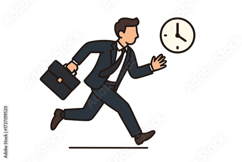 Businessman rushing, running from a clock. Concept of business deadlines, project pressure, and time management. A manager in a hurry, late for work. Vector illustration character.