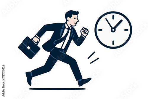 Businessman running with briefcase against a clock icon. Vector for business concepts like deadline, time management, projects, urgency, and punctuality in work life. Race against time.