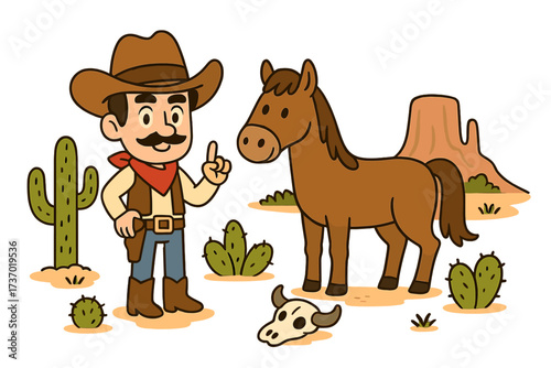Wild west cartoon vector set with cowboy, horse, and desert landscape elements. Western character illustration in a scene with cactus, butte, and cow skull. American frontier.