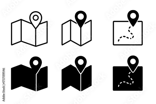 Map location pin icon set. Vector collection of navigation and destination symbols. Glyphs and outline styles for GPS, travel, route, and position concepts. Simple journey marker.