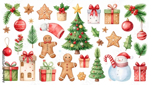 Set of christmas watercolor elements. Holidays clipart for christmas card sticker and print. Festive winter graphic xmas decor image for diy project greeting design.