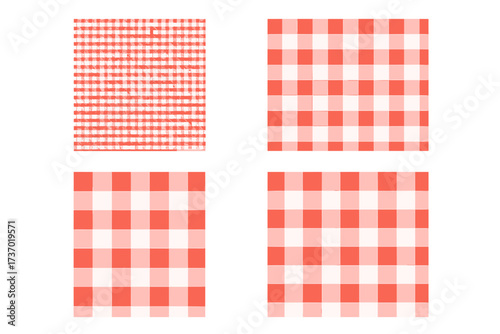 Set of red gingham seamless patterns. Vector collection of checkered plaid backgrounds. Classic picnic tablecloth texture. Vintage country textile fabric print. Simple geometric illustration.
