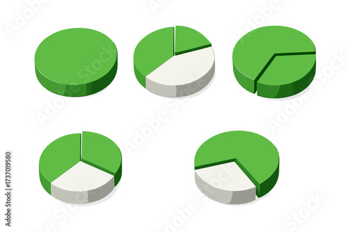3D pie chart set for business infographic. Isometric vector diagram collection for data visualization, statistics, and analysis. Financial report element showing percentage and progress.