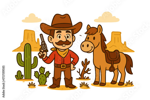 Cartoon cowboy with horse in wild west desert. Cute vector character with gun, hat and mustache. Western landscape with cactus and mountains. American frontier illustration.