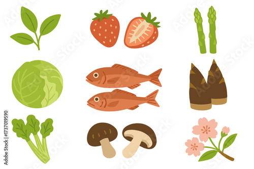 Japanese spring food vector illustration set. Fresh seasonal ingredients like sea bream, bamboo shoot, strawberry, and cherry blossom. Healthy eating and washoku concept icons.
