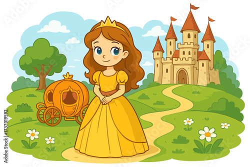Cartoon princess in fairy tale landscape with medieval castle and magic carriage. Vector illustration of a cute girl for kids story. Fantasy kingdom scene with queen.