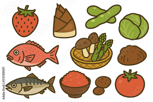 Japanese seasonal food vector icon set. Cute cartoon illustrations of fresh spring and summer ingredients. A collection of seafood, fish, vegetables, fruits for healthy cooking.