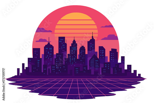 Retro futuristic synthwave cityscape with a sunset background. 1980s styled night city skyline with a neon glowing grid. Vector illustration for a retrowave music cover or banner.