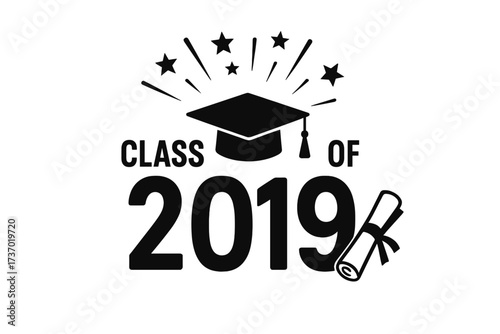 Class of 2019 graduation congratulations design. Vector logo with mortarboard cap, diploma scroll, and stars. Academic achievement icon for grad party, prom, or convocation.