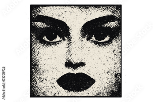 Retro futuristic square poster template with grunge dotted effect. Female dark eyes and mouth. Abstract brutal print for covers, banners. Vector woman face. Pop art fashion.