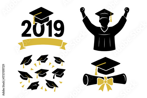 Graduation vector icon set. Class of 2019 design elements. Congratulations graduate silhouette, cap toss, diploma scroll. University commencement, high school academic success.
