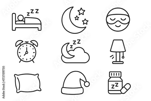 Sleep and bedtime line icon set. Vector collection of night, dream, and rest symbols. Person in bed, moon, sleep mask, alarm clock, pillow, nightcap, lamp, sleeping pills.