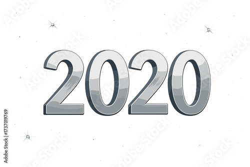 Happy New Year 2020 vector illustration with silver 3D metallic text. Festive holiday greeting with numbers and sparkling stars on a clean white background. Shiny chrome design.