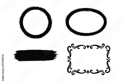 Vector set of black grunge frames and ink brush strokes. Hand drawn circle, oval, and ornate vintage borders. Abstract distressed graphic design elements for text background.