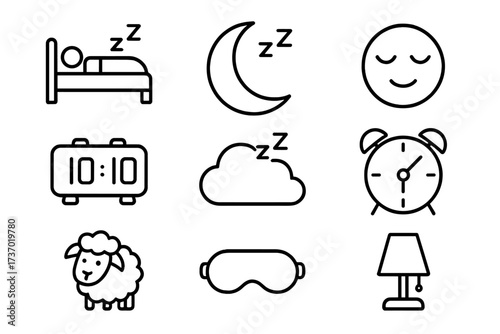 Sleep and night line icon set. Bedtime, dream, and relaxation concepts. Vector icons for insomnia and deep rest. Includes bed, moon, alarm clock, sheep, and sleep mask symbols.