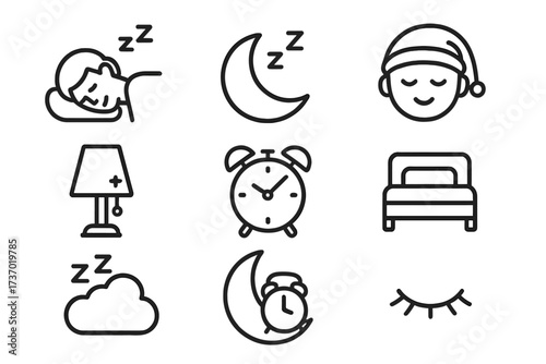 Sleep icon set. Bedtime, dream, and night routine symbols. Person sleeping, bed, pillow, moon, alarm clock and lamp. Vector illustration for relaxation and insomnia concepts.