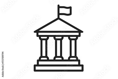 Government building line icon. Vector illustration of a bank, courthouse, university or museum. Classic architecture with columns and flag. Finance, education and justice concept.