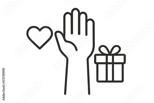 Volunteering and charity work concept. Raised helping hand with heart and gift. Vector outline icon for donation, support, community service, giving love, and social help.