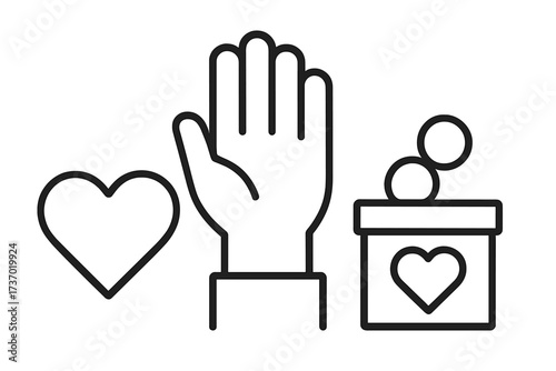 Volunteering and charity work icon set. Raised helping hand with donation box and heart symbol. Vector outline illustration ready to help and contribute. Support.