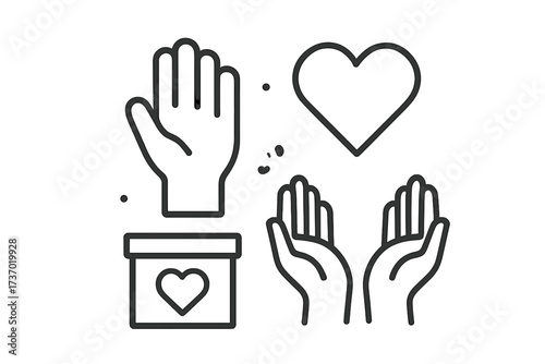 Volunteering and charity work icon set. Vector outline illustration of raised helping hands, donation box and heart symbol. Concept of support, kindness and contribution.