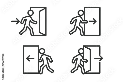 Exit and entry line icon set. Person walking through an open door symbol. Man entering and leaving a room. Public information sign for emergency escape, login, logout, sign in.