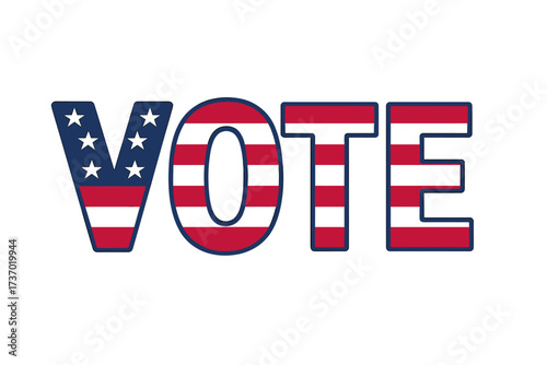 Vote text with USA flag design. Vector for national elections. Politics, presidential election concept. Patriotic American symbol for voting day, democracy, republicans, democrats.