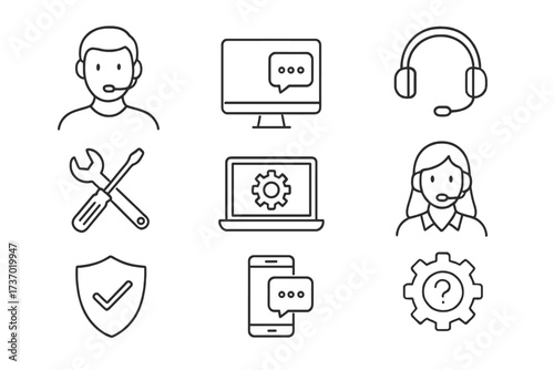 Customer support and technical assistance line icon set. Vector symbols for call center, helpdesk, online chat, contact us, and FAQ. Editable stroke for web and mobile.