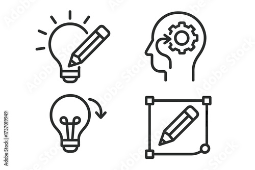 Creative process and idea development icon set. Line icons for innovation, brainstorming, problem solving, and strategic thinking. Editable vector graphic design symbols.