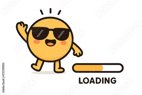 Cute smiling round character in sunglasses waving hand, summer announcement, loading bar progress indicator, cheerful cartoon emoticon vector illustration, fun mood