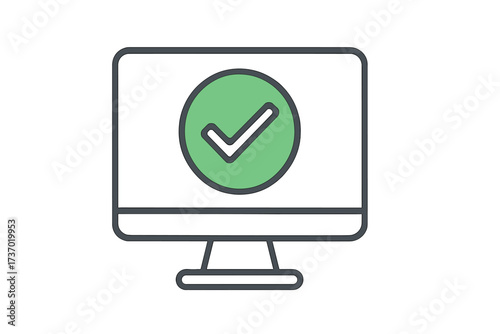 Computer screen with green check mark. Concept of success, completed task, approval, and verification. System update, validation passed, quality guarantee. Modern line icon.