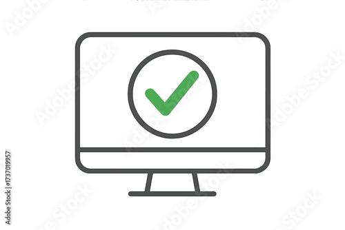 Computer screen with green check mark icon. Concept for system update, success, security verification, quality control. Approved, confirmed, and completed task. Thin line vector.