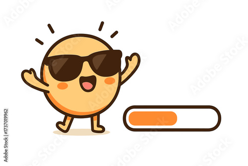 Cute happy sun character in sunglasses celebrating summer arrival with cheerful expression, announcement concept, and progress loading bar vector illustration